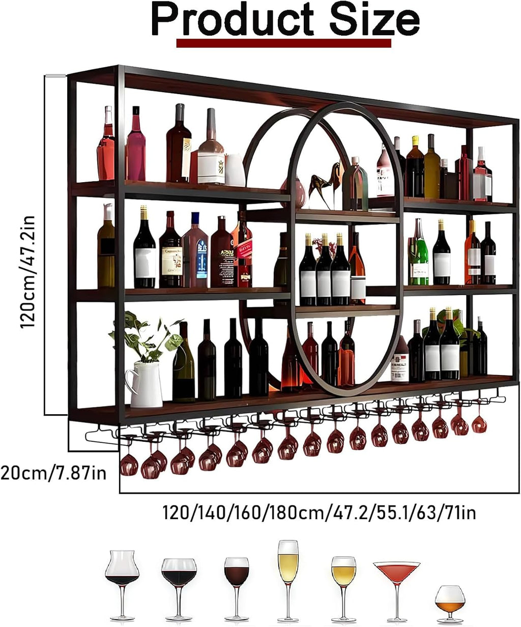 55.1INLarge Wall Mount Wine Rack, Metal 4 Tier Hanging Bottle Holder with Wine Glass Storage Racks, Modern Floating Wine Shelves for Home Bar Dining Room Decoration (Black)