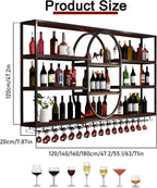 55.1INLarge Wall Mount Wine Rack, Metal 4 Tier Hanging Bottle Holder with Wine Glass Storage Racks, Modern Floating Wine Shelves for Home Bar Dining Room Decoration (Black)