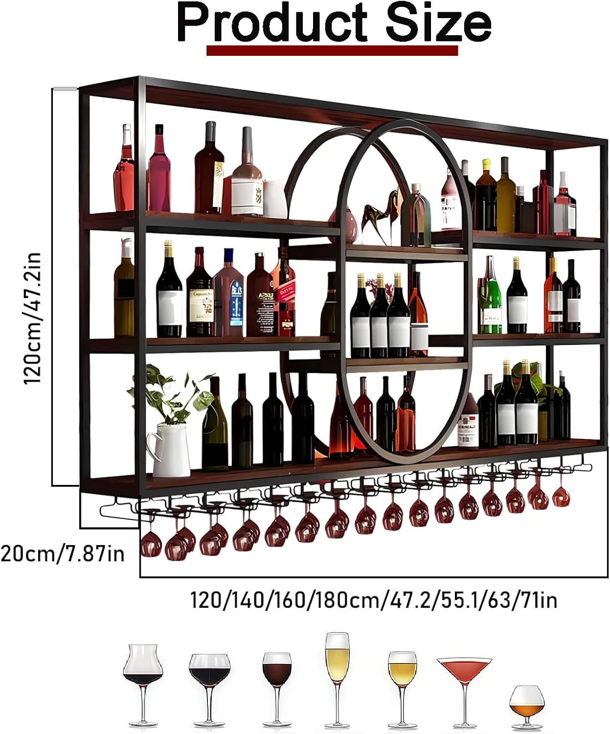 55.1INLarge Wall Mount Wine Rack, Metal 4 Tier Hanging Bottle Holder with Wine Glass Storage Racks, Modern Floating Wine Shelves for Home Bar Dining Room Decoration (Black)