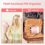 Daviky Pill Bottle Organizer, Supplement Organizer with 7 Large Compartments, Travel Pill Dispenser Round Pill Box with Two Lids（Pink+White）