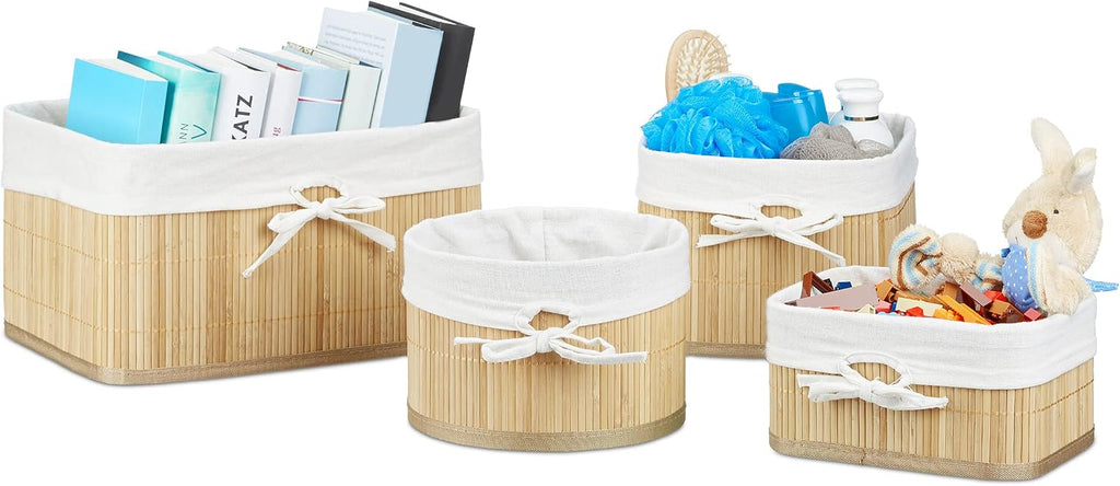 Relaxdays Set of Bamboo Storage Baskets, HxWxD: 17.5 x 32 x 23 cm, Set of 4 Bins for the Shelf or Closet, Natural Brown