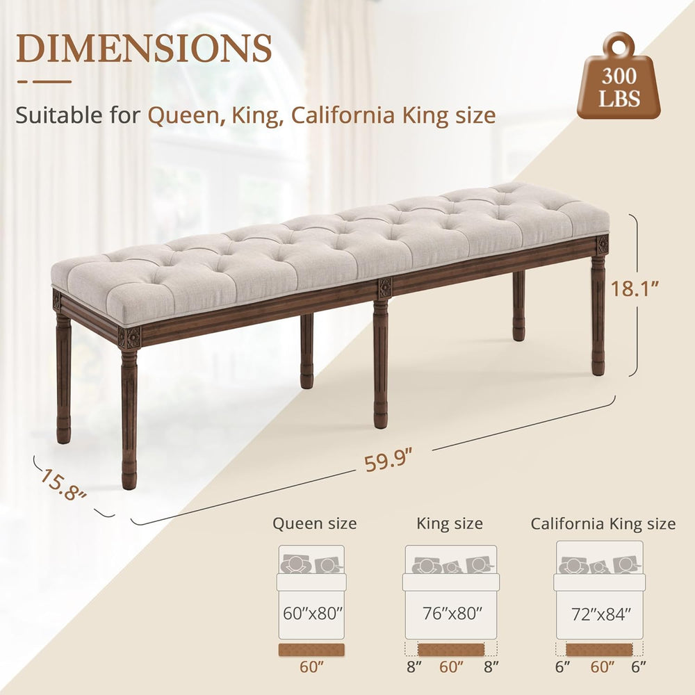 LUE BONA 60" Fabric End of Bed Bench, Upholstered Tufted French Bedroom ...