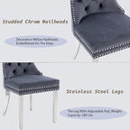 KCC Velvet Dining Chairs Set of 6, Upholstered High-end Tufted Dining Room Chair with Nailhead Back Ring Pull Trim Stainless Steel Legs, Contemporary Nikki Collection Modern Style for Kitchen, Gray
