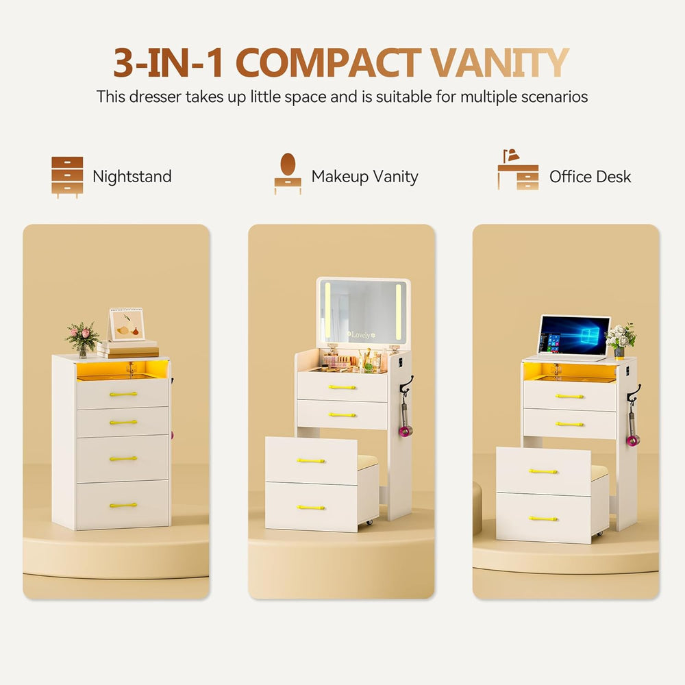 Small Makeup Vanity Desk with Flip up Mirror and Lights(White) | 3 in 1 Vanit...