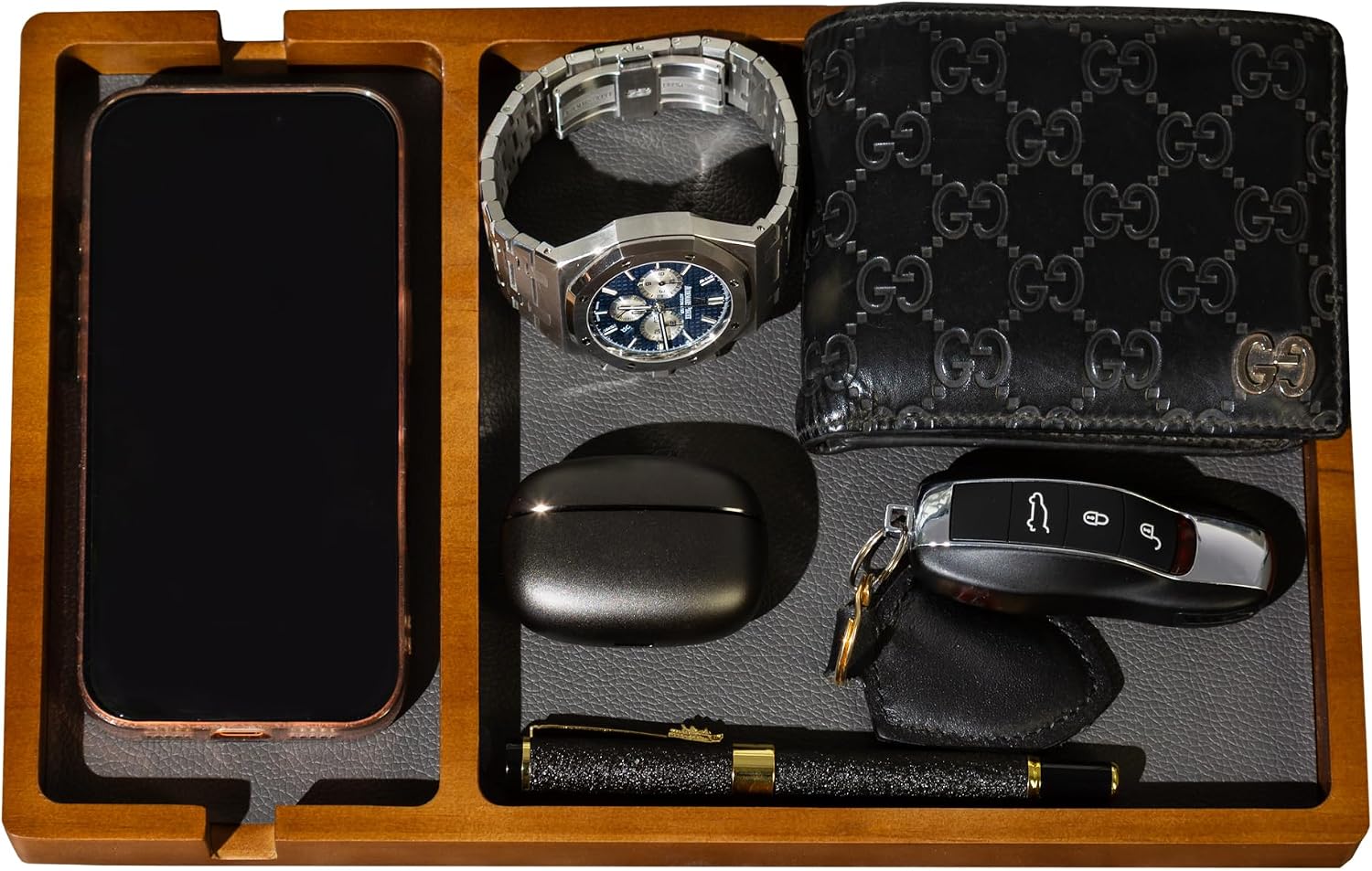 Shinpuru Wooden Valet Tray for Men, Nightstand Organizer with Leather Inlay, EDC Essentials Catchall Tray for Keys, Phone, Wallet, Watch, Earbuds - Bedside Desk Entryway Tray (Wood-Phone)