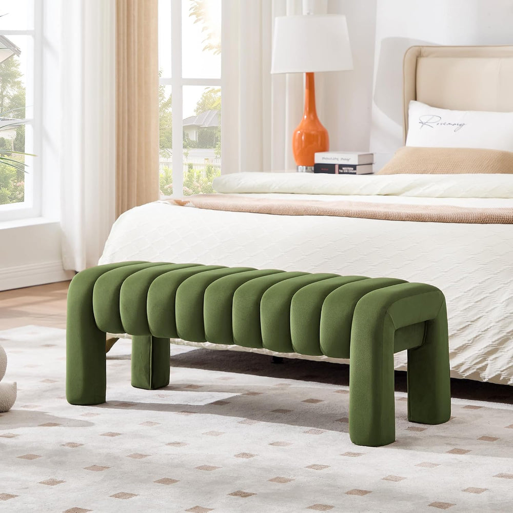 43.3” Dining Room Bench, Olive Green Tufted Upholstered End of Bed Bench, Mod...