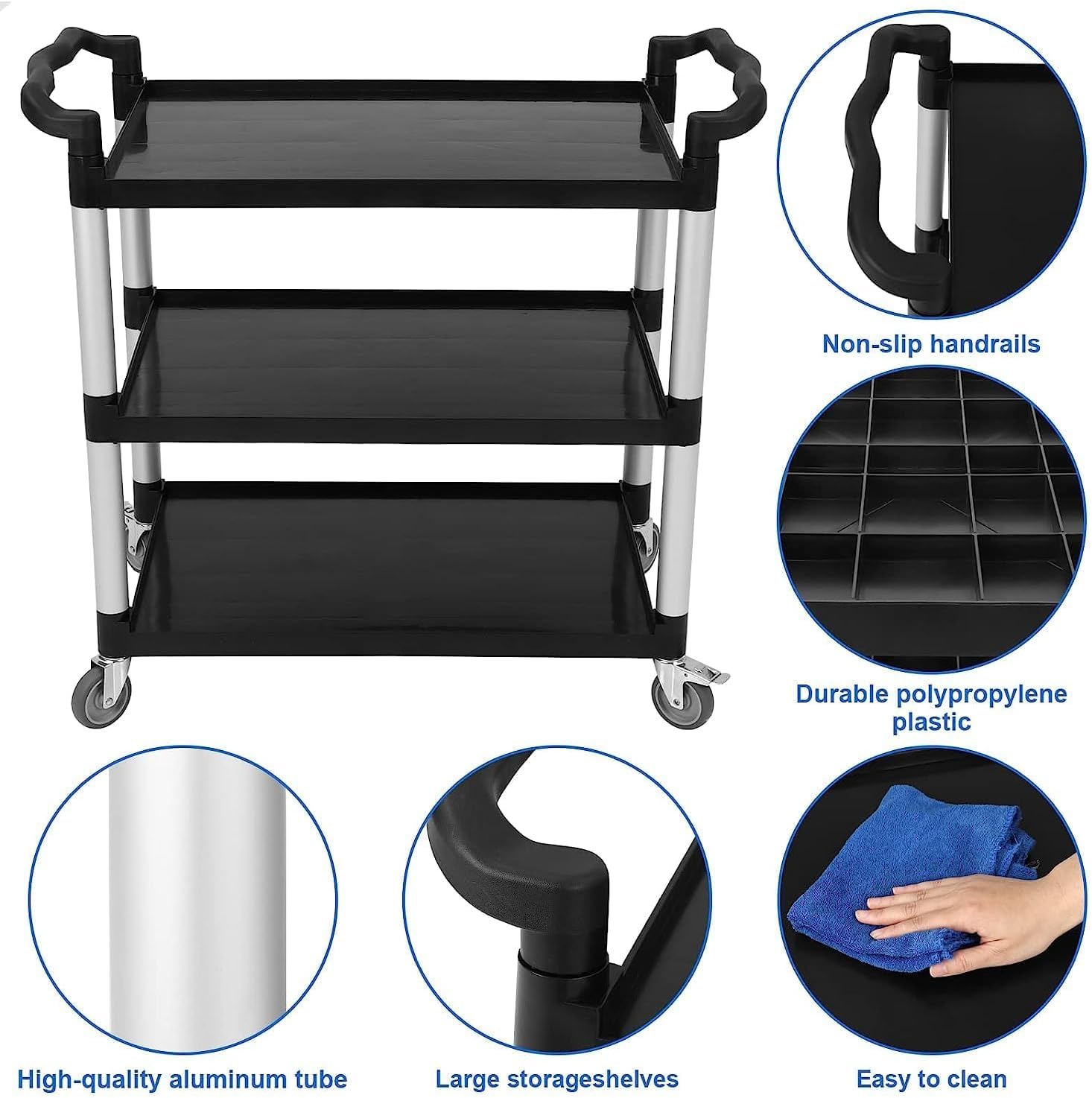 3-Shelf Service Cart，42" Wx20 Dx39 H，360 Lbs Heavy Duty Utility Cart ，Rolling Cart with Lockable 360° Swivel Wheels for Foodservice, Restaurant & Cleaning，Black