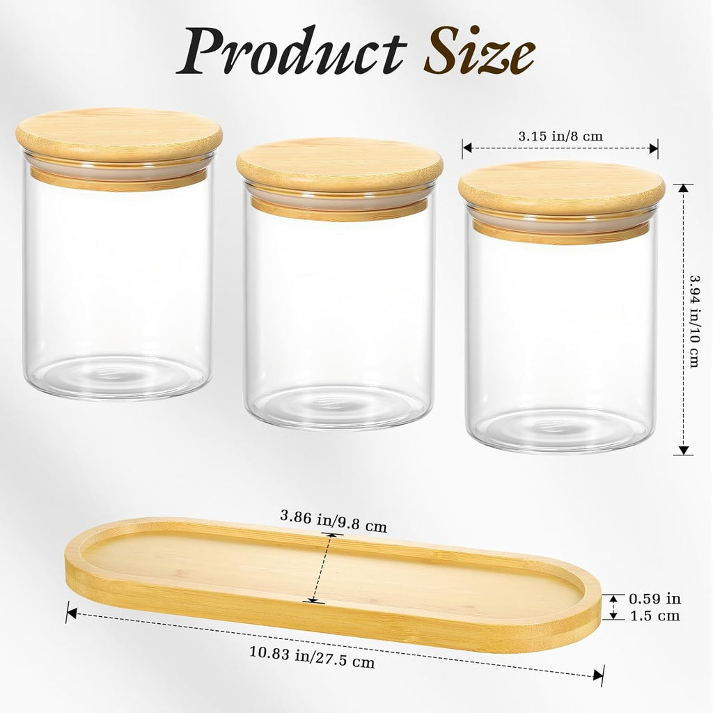 Luxspire Glass Qtip Holder with Vanity Tray, 3 Pack Cotton Swab Holder with Bamboo Lid, 13.4 oz Glass Apothecary Jars Bathroom Accessories Canisters for Cotton Swabs, Balls, Pads, Floss Picks