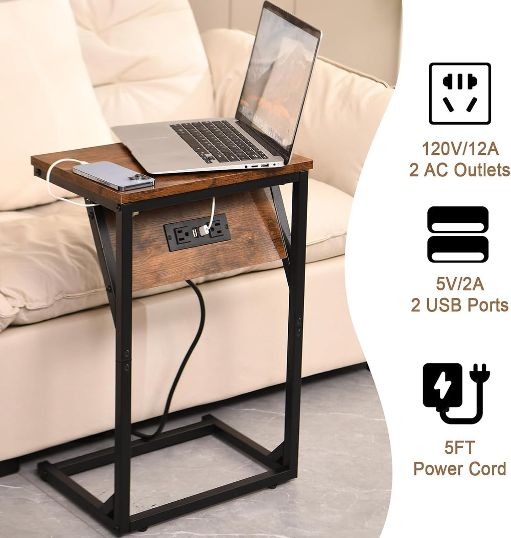 C-Shaped Side Table & End Table, Built-in Power Station (2 AC Outlets, 2 ...