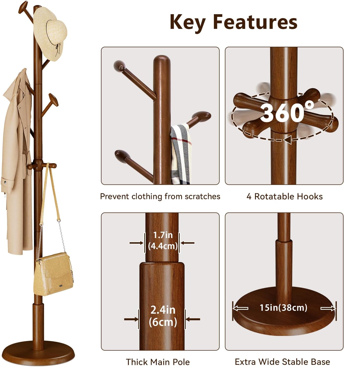 Taitiy Solid Wood Coat Rack Freestanding Coat Tree with 10 Hooks for Bedroom, Livingroom, Entryway, Sturdy Coat Hanger Stand for Hats, Coats, Scarves, Handbags, Purses