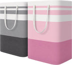 HomeHacks 2 Pack Large Laundry Baskets, Waterproof, Freestanding Laundry Hampers, Collapsible Clothes Hamper with Reinforced Handles in Laundry, College Dorm, Bathroom, Bedroom (Grey+Pink, 75Lx2)