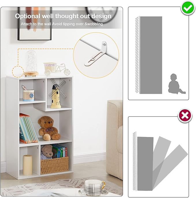 VECELO Small White Bookshelf, 5 Cube Shelf, Fits Tallest Hardcovers, Horizontal Available, Storage Organzier for Home Office, Pearl White
