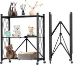 3 Tier Foldable Storage Shelf with Wheels, Heavy Duty Garage Shelving Unit Loads 550 LBS, Metal Steel Collapsible Shelves, Rolling Standing Utility Rack for Kitchen, Pantry, Office, Black