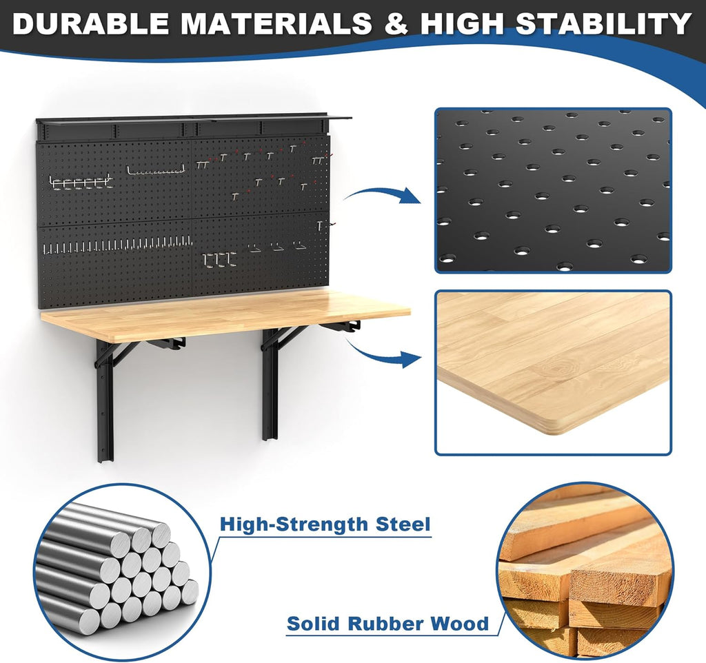 Ultrawall Wall Mounted Workbench with Pegboard, Folding Down Work Table Metal Pegboard Wall Organizer for Garage, Workshop, 48”X24”