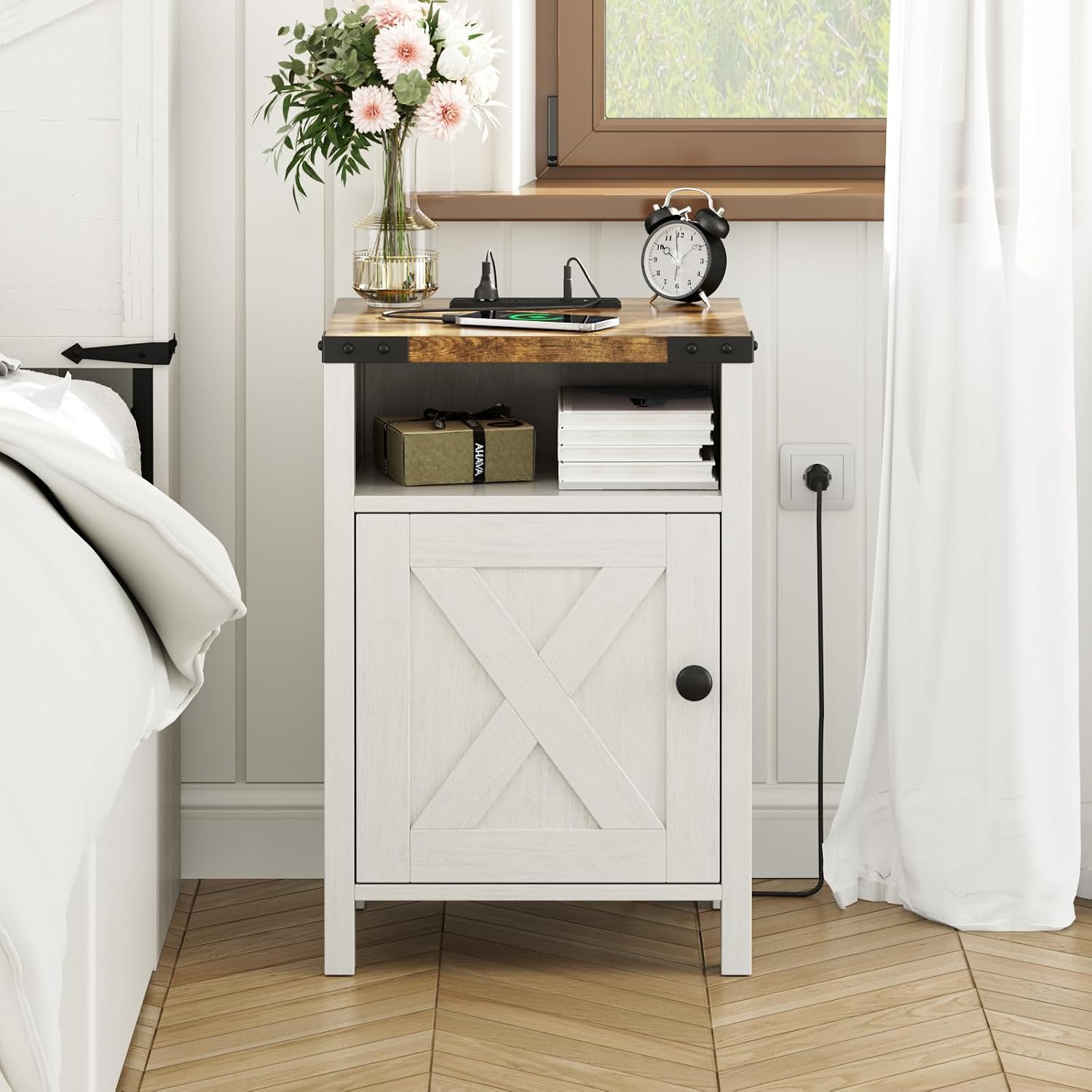 Fameill Farmhouse End Tables with Charging Station, Modern White | Nightstand with Barn Door and Shelf, Rustic Living Room Bedroom Side Table