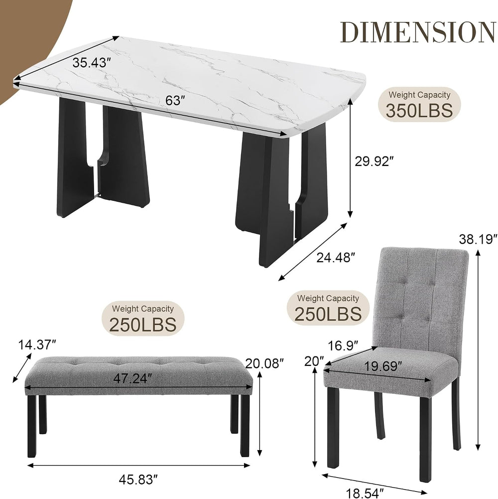 P PURLOVE Modern 6 Piece Dining Table Set, 63" Wood Faux Marble Dining T...