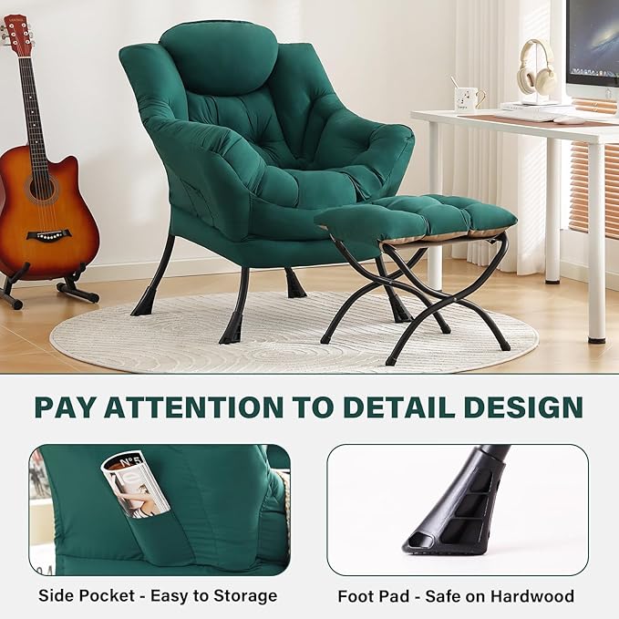 Tiita Lazy Chair with Ottoman, Modern Large Accent Lounge Armchair, Comfy Leisure Sofa Reading Chair with Footrest for Bedroom, Living Room, Dorm Rooms, Garden and Courtyard, Green