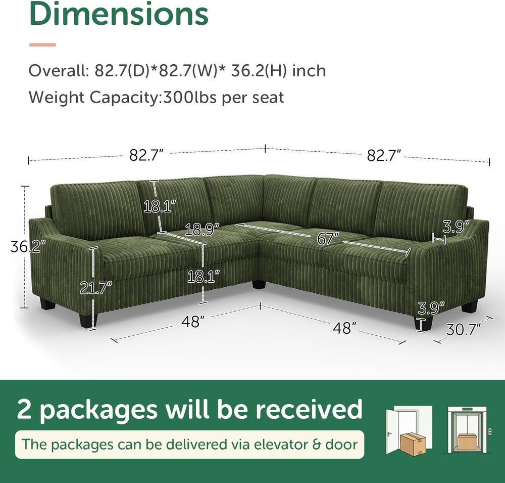 HONBAY Corduroy Convertible Sectional Sofa L Shaped Corner Couch,Green | Comp...