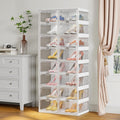 BROVIEW Foldable Shoe Rack, Large Stackable Sneaker Organizer Storage Box with Magnetic Clear Door, Plastic Folding Shoes Cabinet Bins, Shoe Shelf Space Saving for Closet, Entryway 8 Tier 16 Grids
