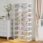 BROVIEW Foldable Shoe Rack, Large Stackable Sneaker Organizer Storage Box with Magnetic Clear Door, Plastic Folding Shoes Cabinet Bins, Shoe Shelf Space Saving for Closet, Entryway 8 Tier 16 Grids