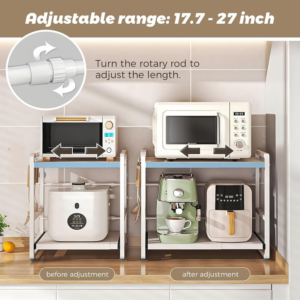 2-Tier Microwave Rack - Height Adjustable & Extendable Kitchen Shelf with Drawer - Carbon Steel - Includes Hooks & Reinforcement Suction Cups - Easy Assembly (White)