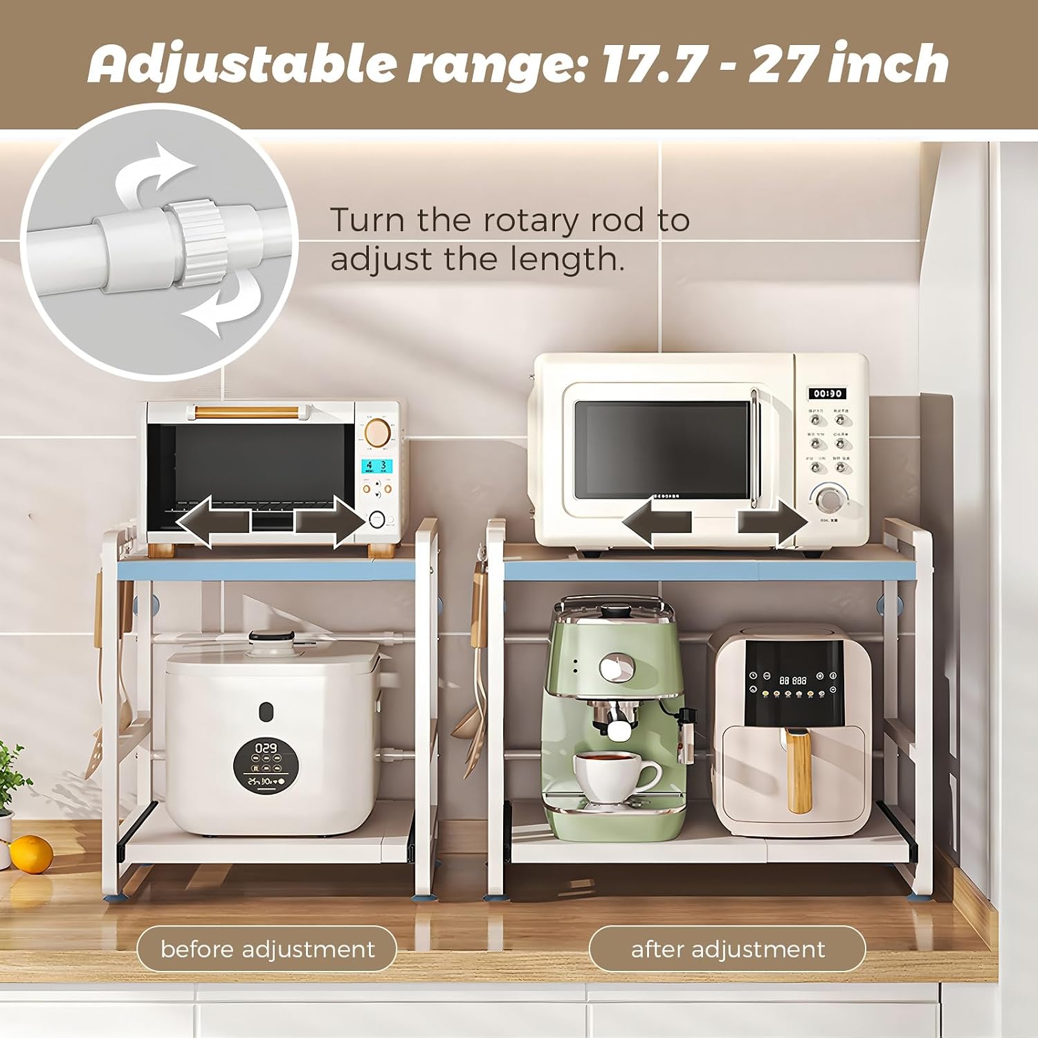 2-Tier Microwave Rack - Height Adjustable & Extendable Kitchen Shelf with Drawer - Carbon Steel - Includes Hooks & Reinforcement Suction Cups - Easy Assembly (White)