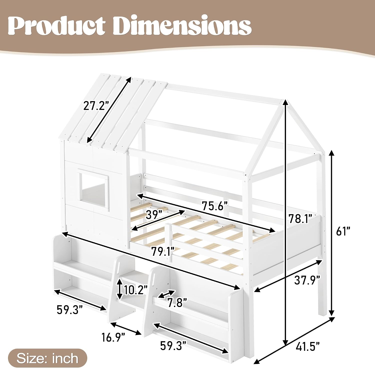 Loft Bed with Storage Shelves and Stairs，Antique White-P：Twin | House Loft Bed with Playhouse Shape Roof and Window