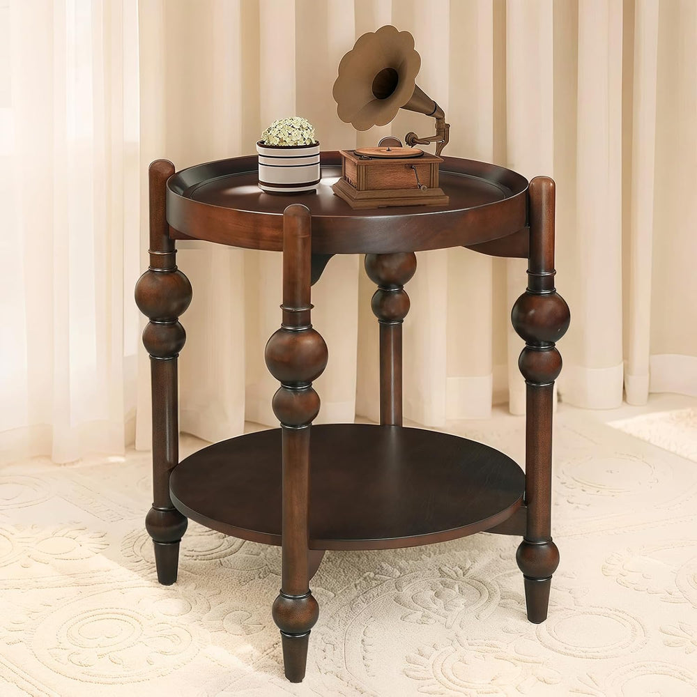 23" Round End Table with Solid Wood Frame, Small Side Table with Wood Sh...