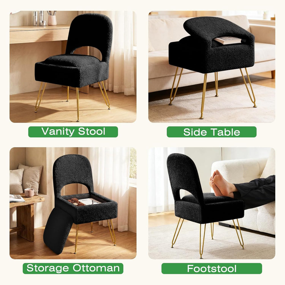 Vanity Stool with Storage & Folding Backrest, Cute Black Faux Fur Makeup ...