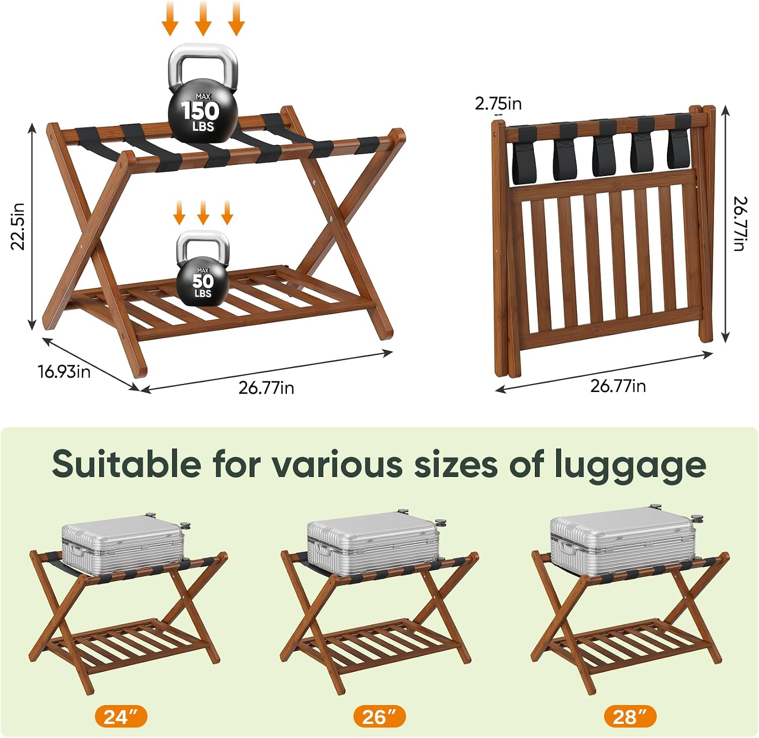 Smart FENDEE Fully Assembled Bamboo Luggage Rack, Walnut Folding Suitcase Stand with Shoe Shelf, Heavy-Duty Luggage Holder for Guest Room Must Haves, Bedroom, Hotel, 1 Pack