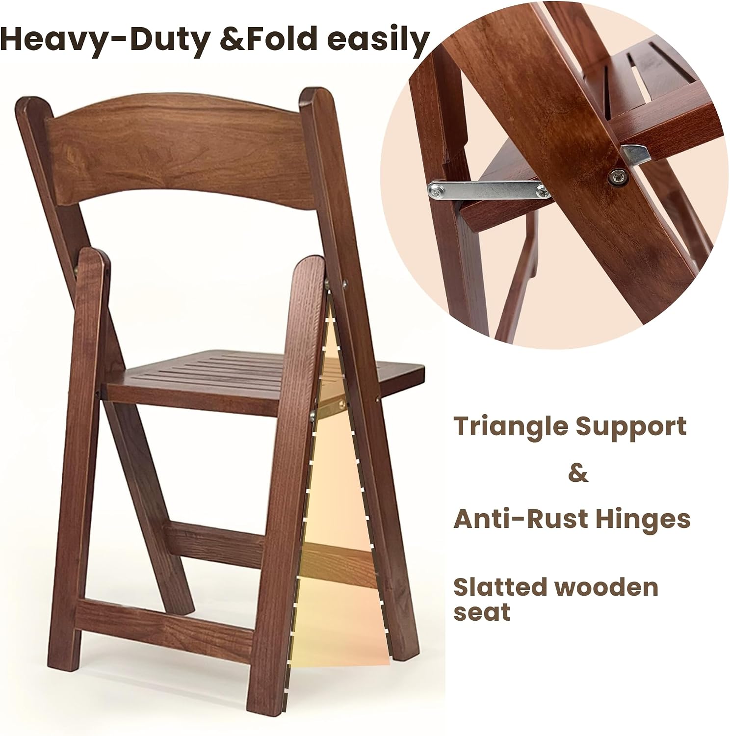 Wood Folding Chairs with Slatted Wooden Seats, Stackable Commercial Seats for Indoor & Outdoor Events, Party, Dining, Set of 2, Slatted Fruitwood
