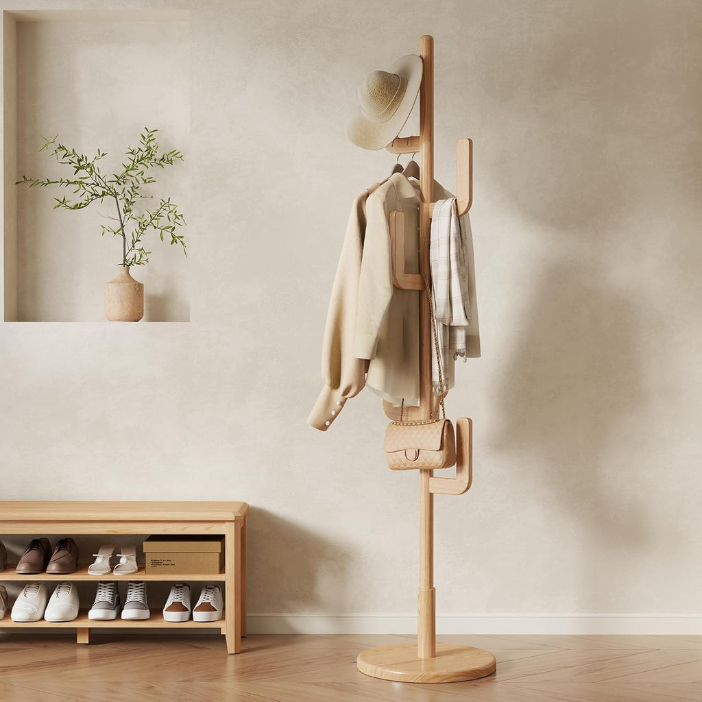 Muwuele Solid Wood Cactus Coat Rack, Freestanding Coat Rack With 6 L-Shaped Hooks and 3 Adjustable Sizes, Coat Tree for Bedroom, Entryway, Livingroom, Coat Hanger Stand for Coats, Handbags (Natural)