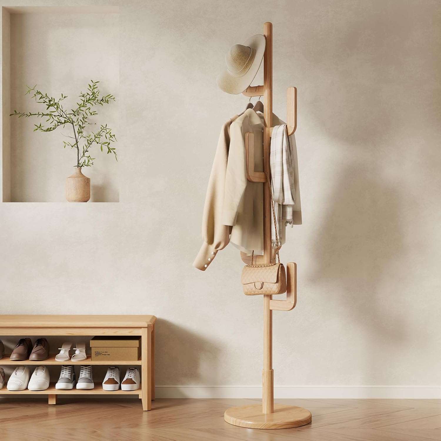 Muwuele Solid Wood Cactus Coat Rack, Freestanding Coat Rack With 6 L-Shaped Hooks and 3 Adjustable Sizes, Coat Tree for Bedroom, Entryway, Livingroom, Coat Hanger Stand for Coats, Handbags (Natural)