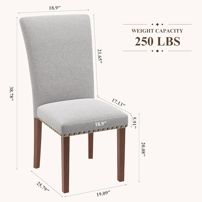 Stylish Dining Chairs Set of 4, Upholstered Parsons Dining Room Chair with Nailhead Trim, Kitchen Room Chair with Thick Cushions and Wood Legs, Nailhead Trim, Light Grey