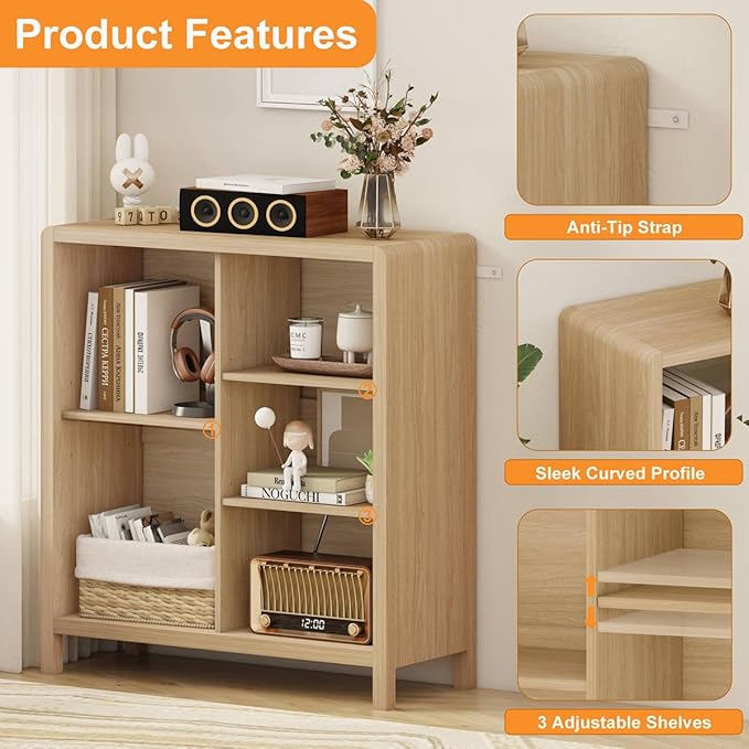 FATORRI 5 Cube Bookshelf, Wood Bookcase with 3 Adjustable Shelves, Modern Cub...