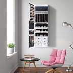 COSTWAY Jewellery Cabinet with LED Lighting, 6 Drawers and Mirror, Hanging Sail Cabinet, Wall Cabinet for Door and Wall Mounting, Lockable (White)