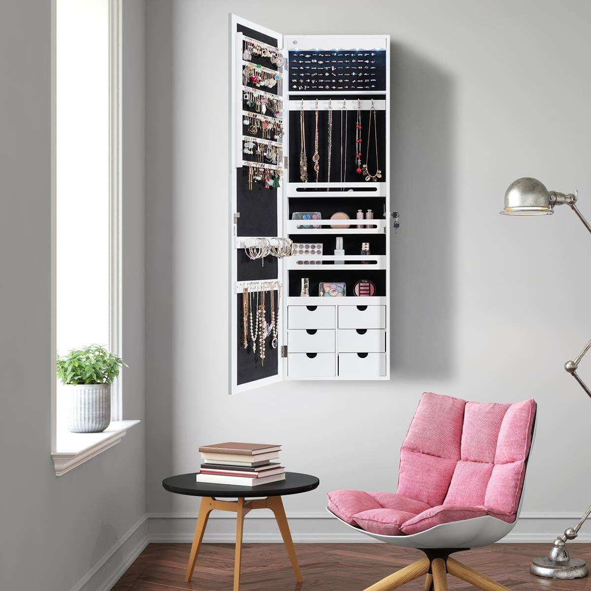 COSTWAY Jewellery Cabinet with LED Lighting, 6 Drawers and Mirror, Hanging Sail Cabinet, Wall Cabinet for Door and Wall Mounting, Lockable (White)