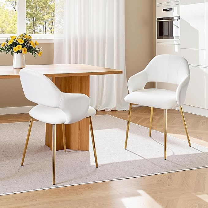 VECELO Velvet Dining Chairs Set of 2, Modern Upholstered Kitchen Chairs with Cushion, Padded Backrest and Metal Legs, White