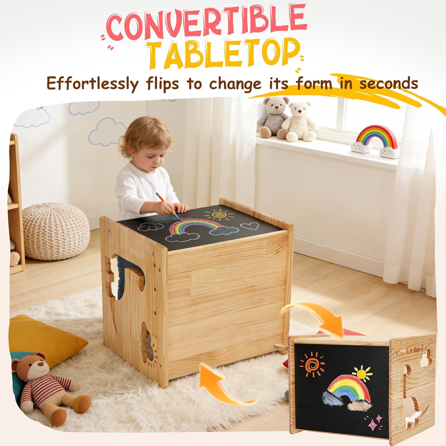 Montessori Weaning Table and Chair Set for Toddlers Age 1-3,with Blackboard | Flip Stool to Adjust Height, Storage Hooks, Puzzle Storage Boards, Natural Wood,CPC Certification,for Dining,Painting,Reading