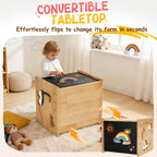 Montessori Weaning Table and Chair Set for Toddlers Age 1-3,with Blackboard | Flip Stool to Adjust Height, Storage Hooks, Puzzle Storage Boards, Natural Wood,CPC Certification,for Dining,Painting,Reading