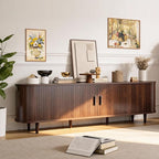 70" Mid Century Modern TV Stand, Wood TV Consoles with Sliding Doors and Power Outlet, Entertainment Center with Adjustable Shelves, Fluted TV Stands for Living Room, Walnut