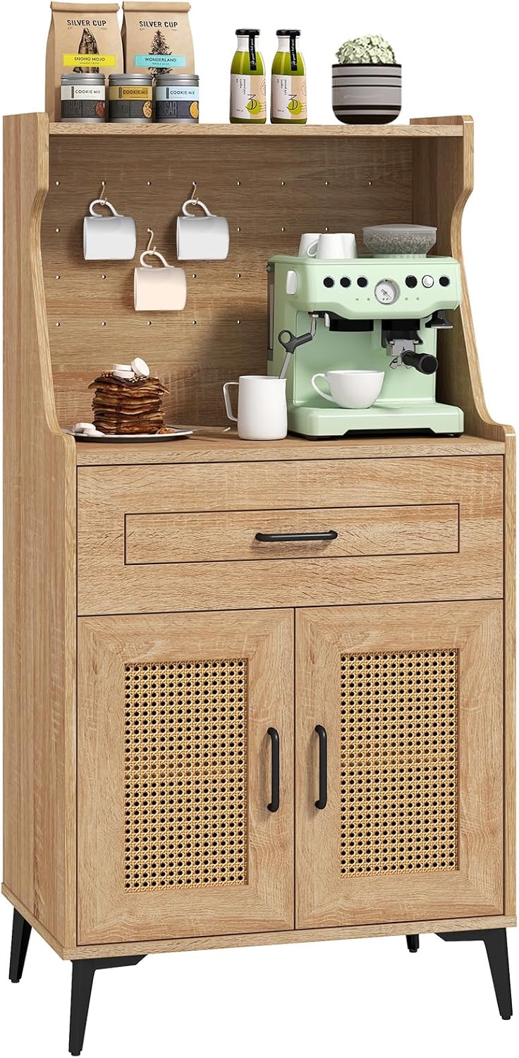 LDAILY Kitchen Pantry Cabinet, Rattan Buffet Cabinet with Hutch, DIY Pegboard...