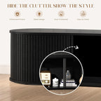 Fluted TV Stand with Storage Cabinet, 59″ Media Console with Sliding Tambour Door, Mid Century Modern Entertainment Center for Living Room, Oval Light Wood TV Stand for Bedroom, Black