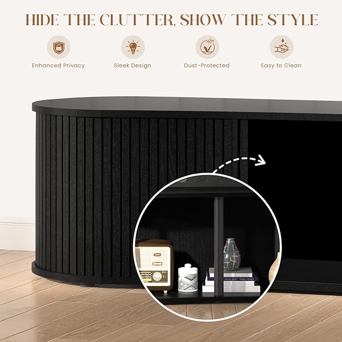 Fluted TV Stand with Storage Cabinet, 59″ Media Console with Sliding Tambour Door, Mid Century Modern Entertainment Center for Living Room, Oval Light Wood TV Stand for Bedroom, Black