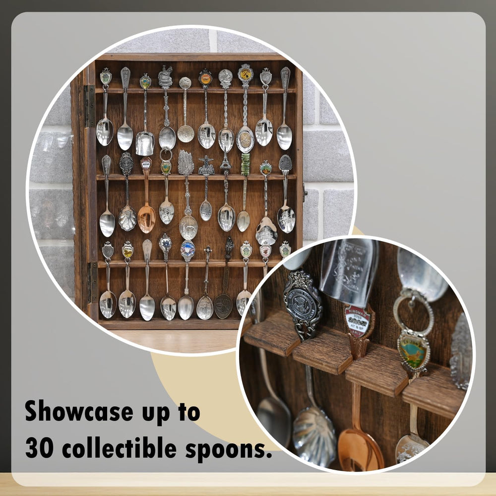 Ikee Design Wooden 30-Souvenir Spoon Display Case Cabinet, Wall-Mounted Tea S...