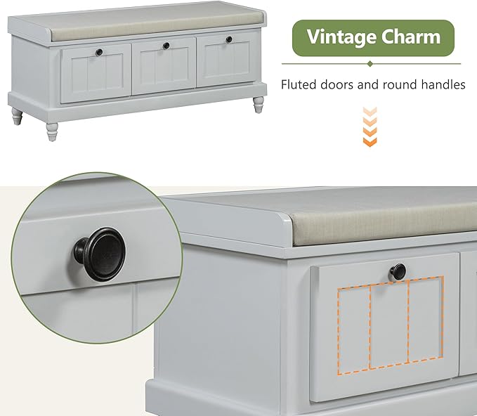 Merax Classic Storage Bench with Cushioned Seat and Three Drawers for Entryway & Living Room & Bedroom, Light Gray