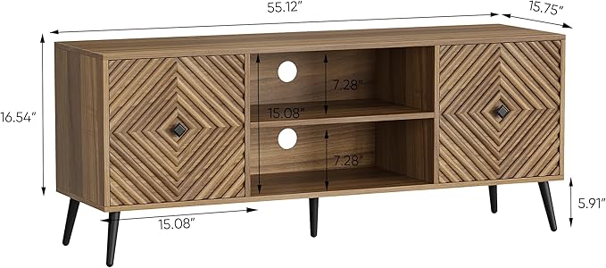 Smuxee Walnut TV Stand with Fluted Diamond Doors, 55.12" Mid Century Modern TV Media Console for TVs up to 65", TV Cabinet with Adjustable Shelf & 2 Cabinets for Living Room