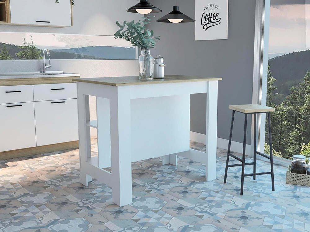Kitchen Island with Three Shelves and Four Legs - Light Oak/White | Three she...