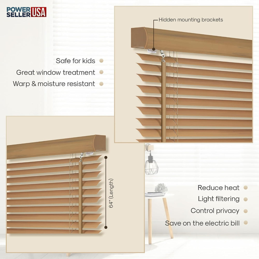PowerSellerUSA 1" Slats Cordless Window Blinds, 64L x 36W Inches Solid P...