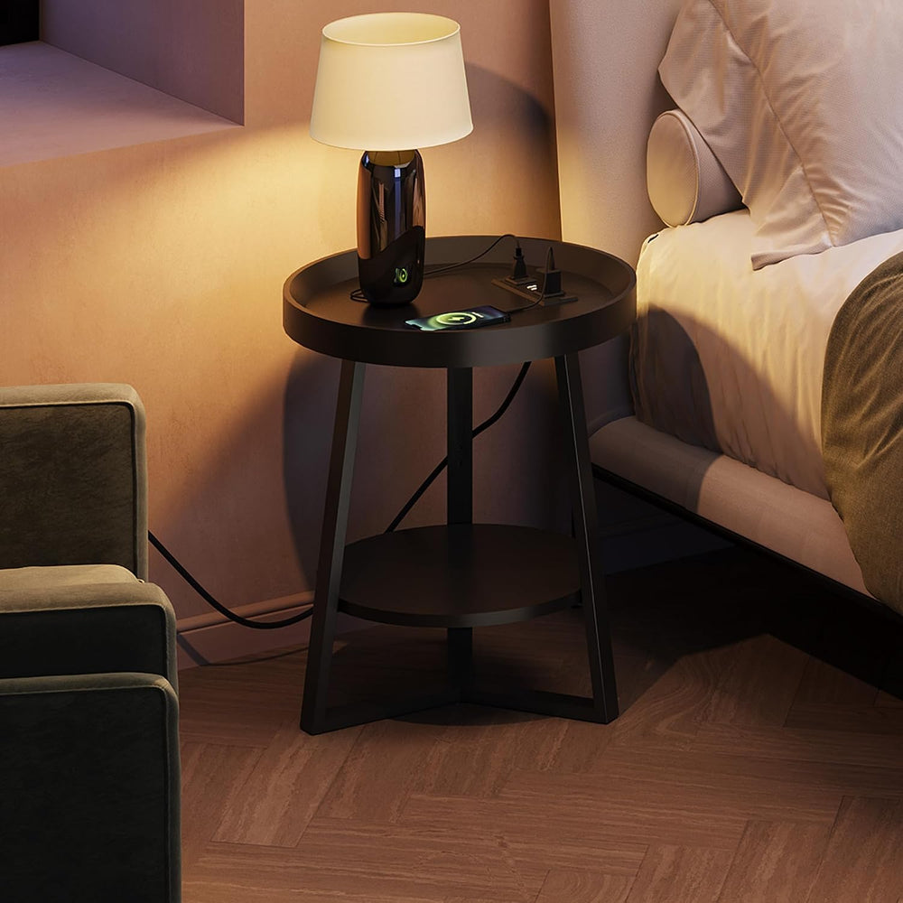WLIVE Small Round Side Table with Charging Station, Round Coffee Table, 2 Tie...